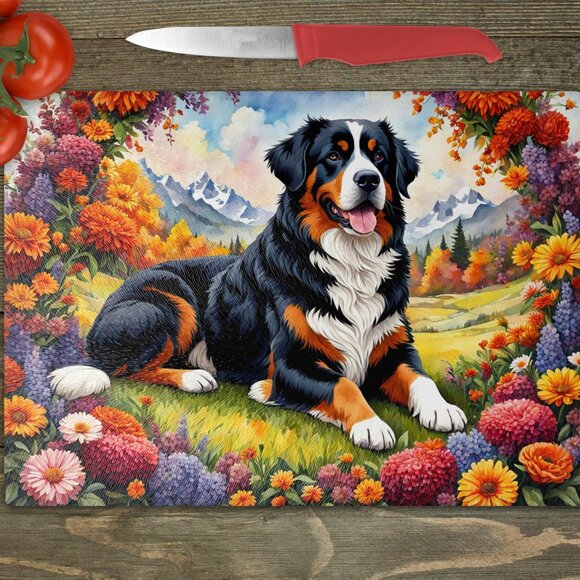 Bernese Mountain Dog Fall Kitchen Textured Tempered Glass Trivet/Cutting Board - Picture 1 of 1